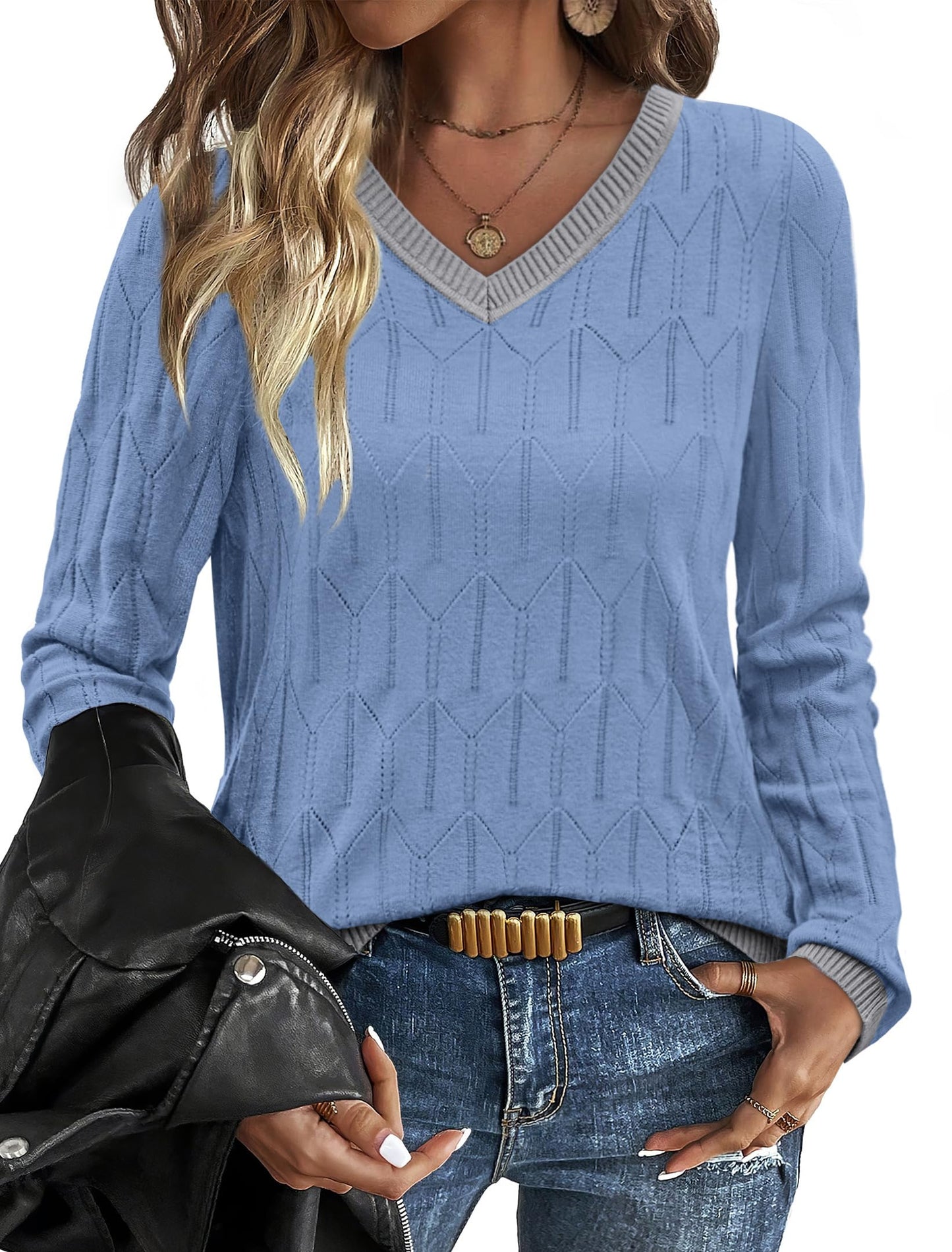 OFEEFAN Womens Sweaters Long Sleeve Shirts Fall Outfits 2025 V Neck Soft Knit Pullover Trendy Tops Dressy Casual Blouses