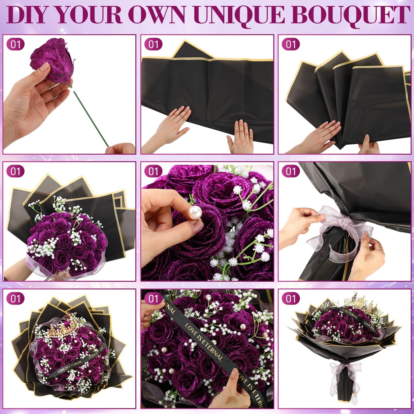 Suncalla 52 Pcs Purple Glitter Roses Bouquet DIY Kit, Large Sparkly Artificial Flowers with Crown and Wrapping Paper, Everlasting Rose Gift for Mother's Day, Graduation, Birthday, Anniversary