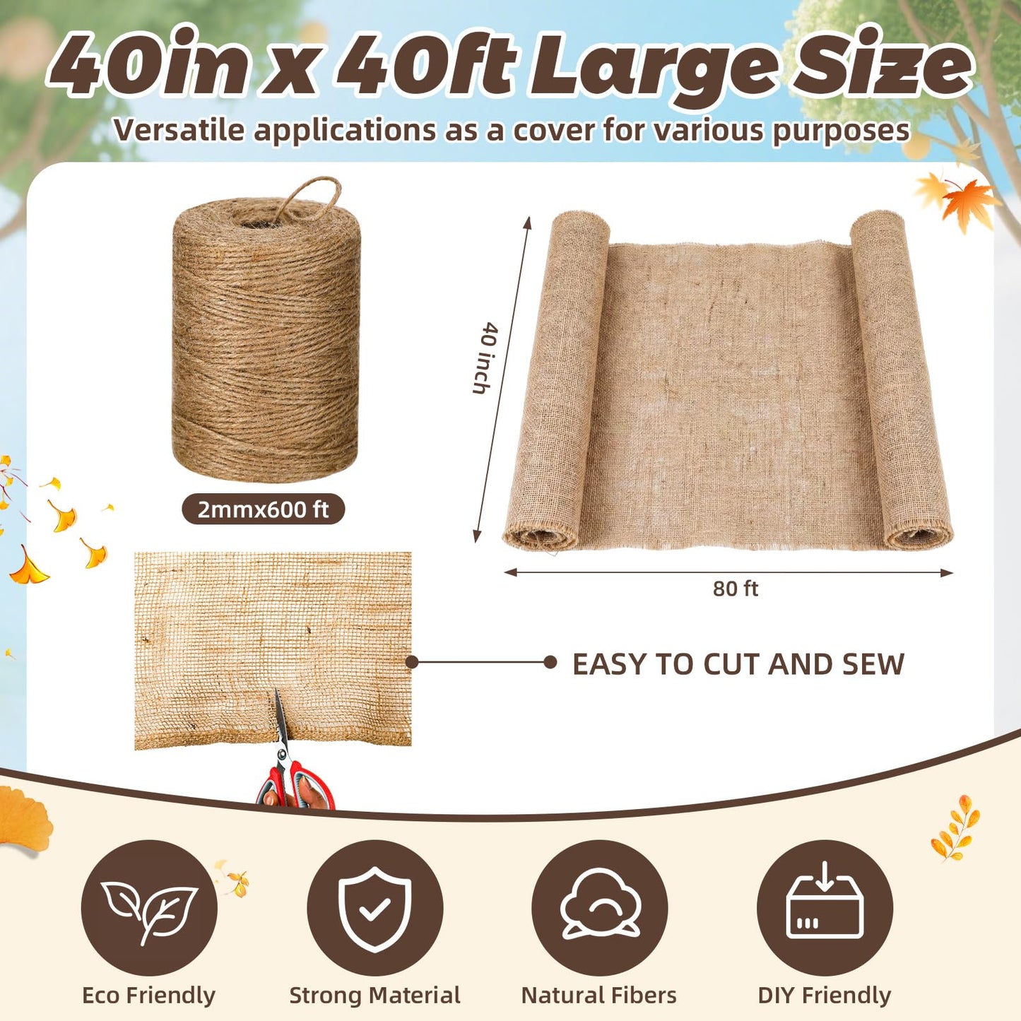 Tegeme 40 Inch x 80 ft Burlap Fabrics Roll with 600 ft Natural Jute Twine Rope Burlap Tree Wraps Protector Winter Frost Plant Blankets Cloth Weed Barrier for Outdoor Garden DIY Craft Party