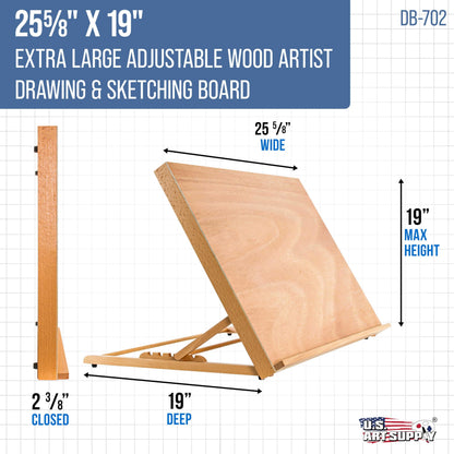 U.S. Art Supply X-Large 25-5/8" x 19" (A2) Wooden Drawing Board, Adjustable Table Top Easel for Painting and Drawing - Drafting Board with 6 Angles, Pencil Ledge, Locking Storage Drawer