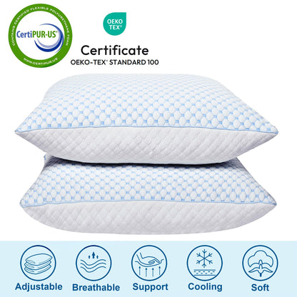 XWZO Cooling Pillow for Sleeping Queen Size Set of 1, Shredded Memory Foam Pillows Adjustable Gel Bed Pillows for Side Back Stomach Sleepers with Washable Removable Cover