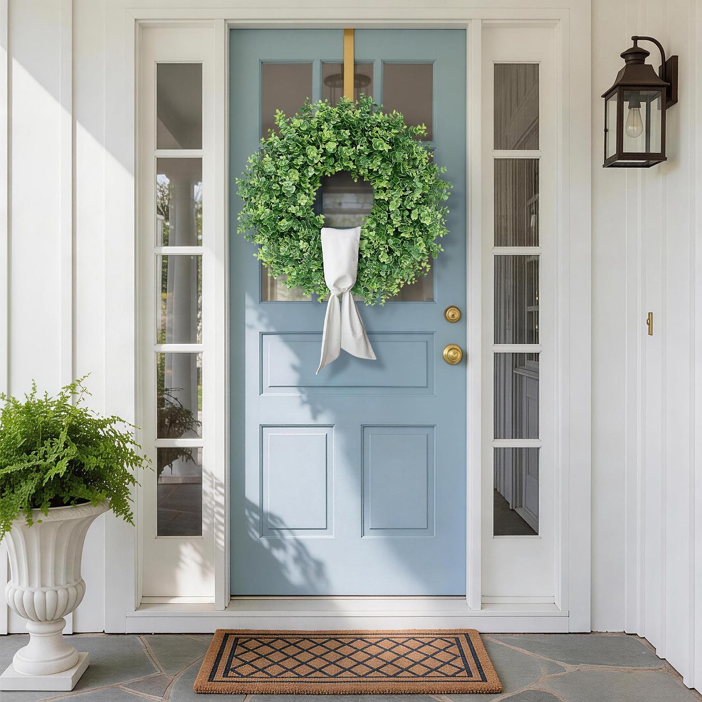 26" Artificial Eucalyptus Wreath with Sash for Front Door, Porch, Window - Large Faux Eucalyptus Leaves Greenery Outdoor Wreath for Home, Farmhouse Decor - Spring, Summer, All Seasons (Green)
