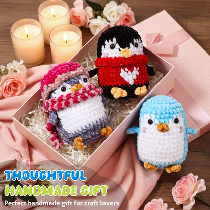 XunYee 3 Pcs Little Penguins Crochet Kit DIY Amigurumi Set Chenille Yarn Crochet Kit for Beginners with Complete Tools Step-by-Step Pattern Craft Gift for Adults