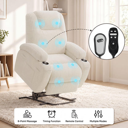 Flamaker Power Lift Chair Massage Recliner Chairs for Elderly, Corduroy Ergonomic Design with Cup Holders & Side Pockets, Remote Control (White)