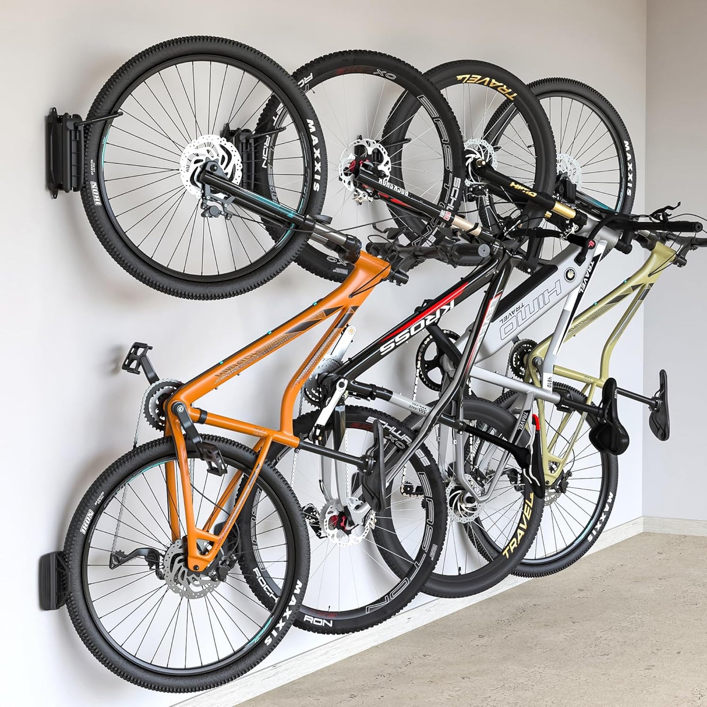 monTEK Swivel Bike Wall Mount - Space-Saving Vertical Bike Rack for Garage | Holds Up to 66lbs, Easy Install, 4 Pack