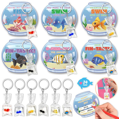 Valentines Day Cards for Kids School, 24 Pack Valentine's Day Gifts for Kids with Resin Fish Charms Classroom Exchange Gifts, 3D Fish Water Bag Charms Valentine Party Favors Prizes for Boys & Girls