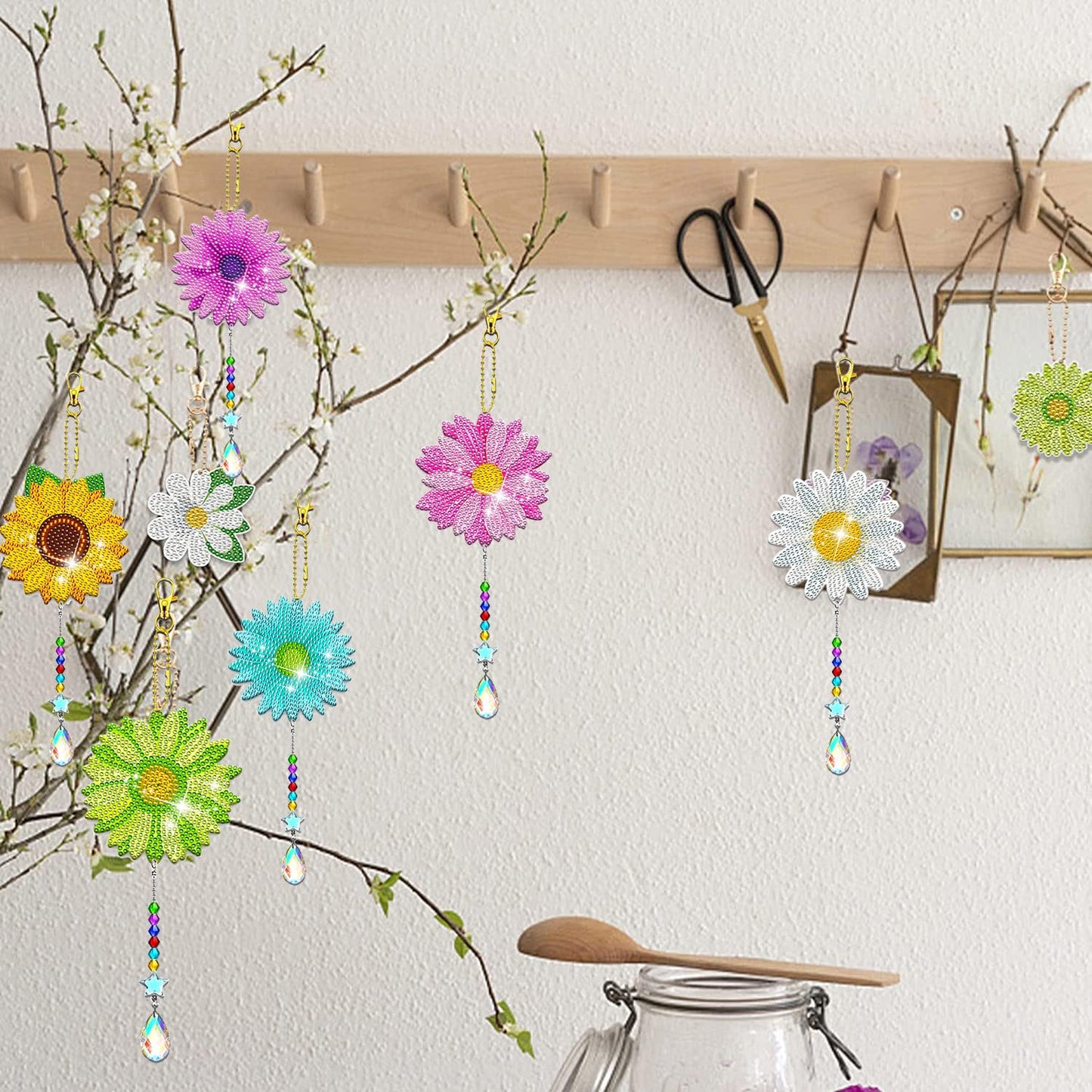 JeCuiK 6 Pcs Daisy Diamonds Painting Wind Chimes Suncatcher Double Sided Flower Rhinestone Painting Wind Chime 5D DIY Crystal Diamond Painting Kits Paint by Number Hanging Ornaments Mom Gifts