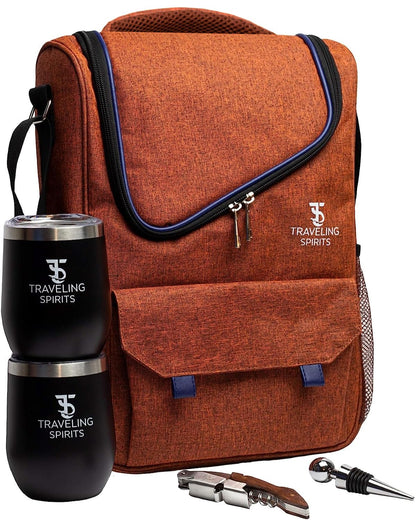 Traveling Spirits Insulated Wine Carrier | 2-3 Bottle Travel Bag With Stainless Steel Tumblers | Cooler Tote for Travel - Great Gift for Wine Lovers and Enthusiasts