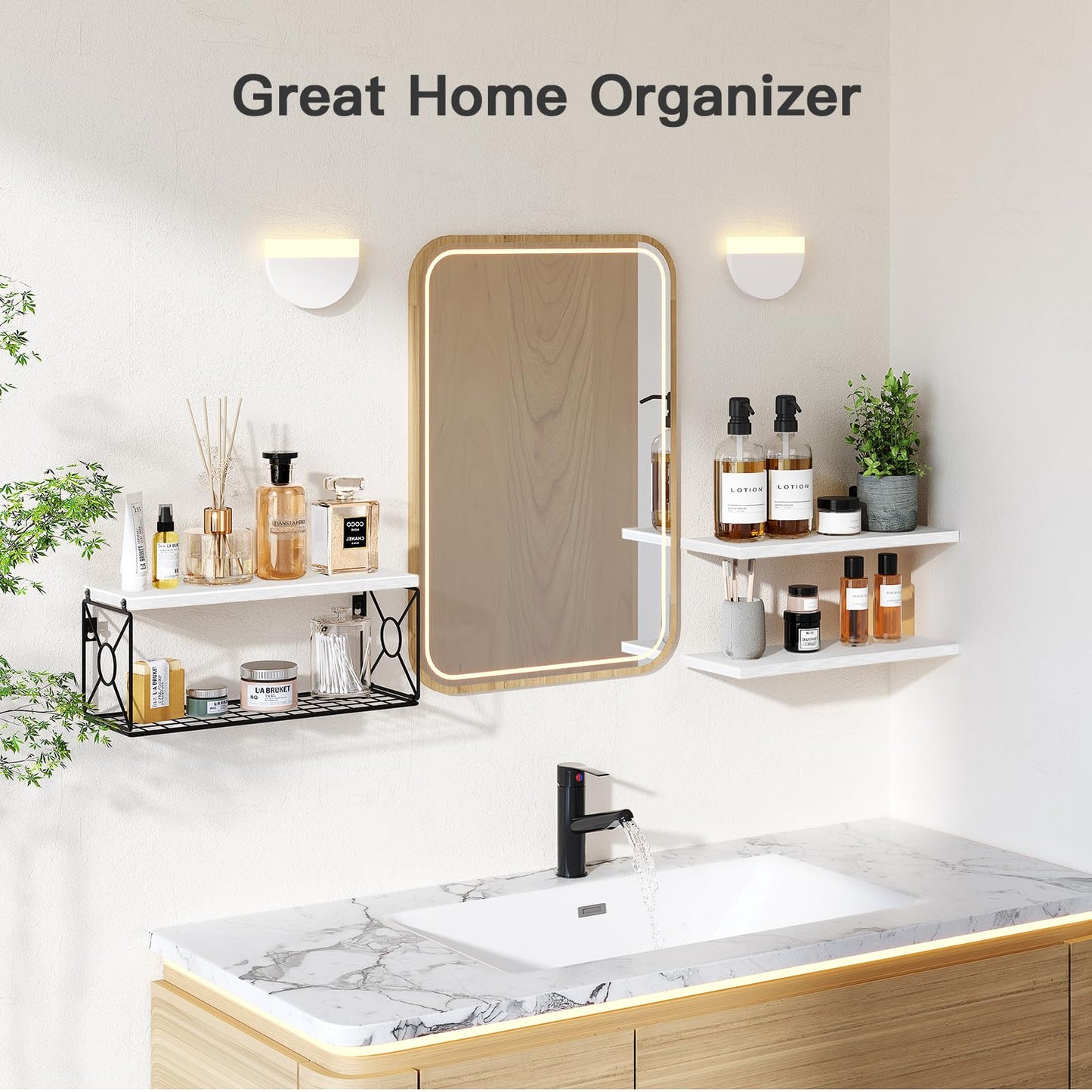 Amada Bathroom Shelves Over Toilet with Storage Basket, Floating Wall Shelves for Home Organization & Wall Decor, Bathroom/Kitchen/Living Room ShelvesBlack