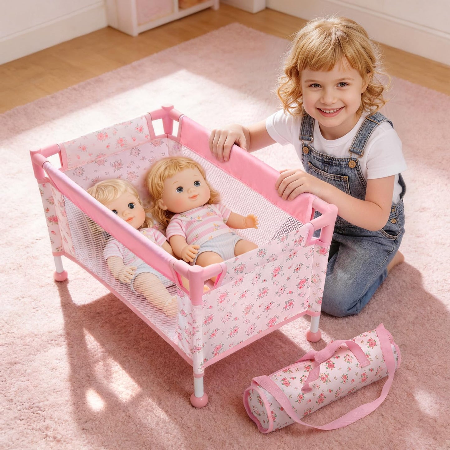 Baby Doll Crib for 12-18 Inch Dolls, Chyyeerkidd Pack and Play Pink Floral Baby Doll Bed with Carry Bag, Travel-Friendly Reborn Baby Doll Accessories for Girls Ages 3+, Easy Assembly (White)