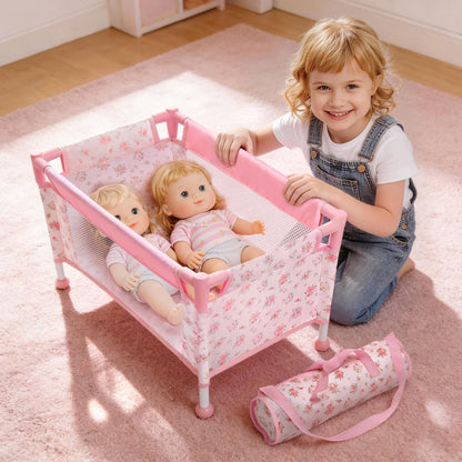 Baby Doll Crib for 12-18 Inch Dolls, Chyyeerkidd Pack and Play Pink Floral Baby Doll Bed with Carry Bag, Travel-Friendly Reborn Baby Doll Accessories for Girls Ages 3+, Easy Assembly (White)