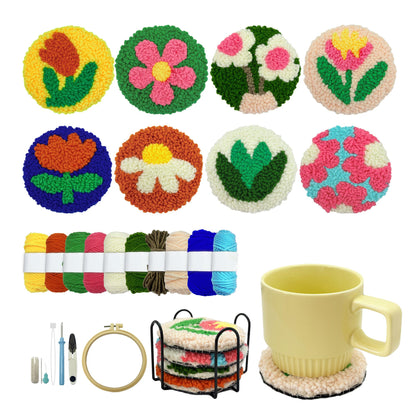 SEREDH Punch Needle Kit for Beginners Adults Easy Needle Punch Embroidery Tool Set Including Threader Instruction Fabric Hoop Yarn Coaster DIY Making Kit Supplies,Set of 8 Flora Art Crafts Gifts