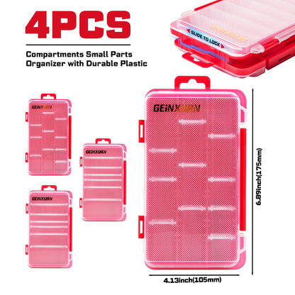 Geinxurn Small Flat Storage Parts Organizer, 4Pcs Red Portable Transparent Plastic Small Parts Tools Box with Removable Dividers, Screwdriver Bit Cases Storage(4 Pieces)