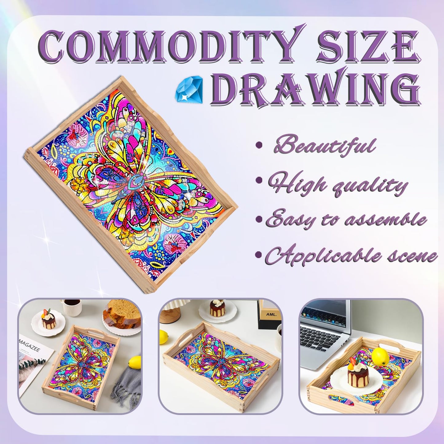 EWJRNSF Diamond Art Kits for Adults Wooden Serving Trays with Handles, 5D Diamond Painting Big Gem Arts and Craft Gifts Trays Decor Gift Home Decor 9.8x13.8 Inches Butterfly A