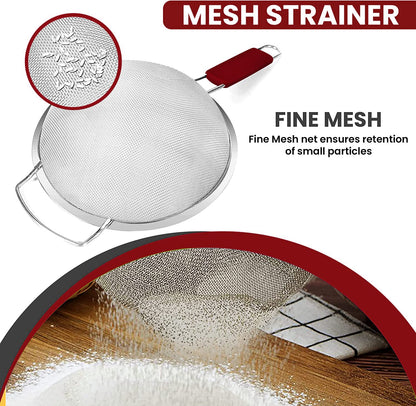 Kafoor 9" Large Extra Fine Mesh Strainer with Thermo Plastic Rubber Handle - Sieve Fine Mesh Stainless Steel - Ideal to Strain Pasta, Quinoa and Rice