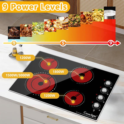 Cusinesync 30 Inch Built-In Electric Ceramic Glass Cooktop, 4 Burners, 7200W Total Power, Knob Control, Compatible with Flat-Bottom Cookware, 220-240V Hardwired