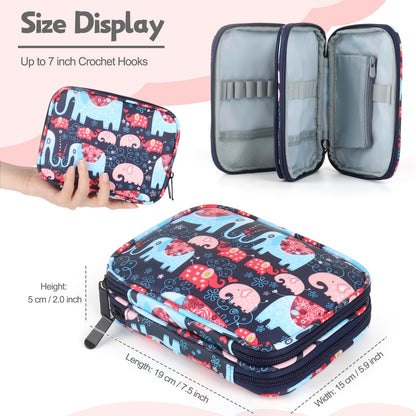 Katech Portable Travel Crochet Storage Bag Organizer with Zipper, Web Pocket and Crochet Holder Slots for Knitting Accessories (Elephant Pattern)