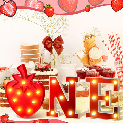 Honoson 3 Pcs Berry First Birthday Decor Strawberry Party Decorations LED Light up One Letter Sign Marquee String 1st Birthday Photo Prop Decor Sweet One Party Supplies(Strawberry)