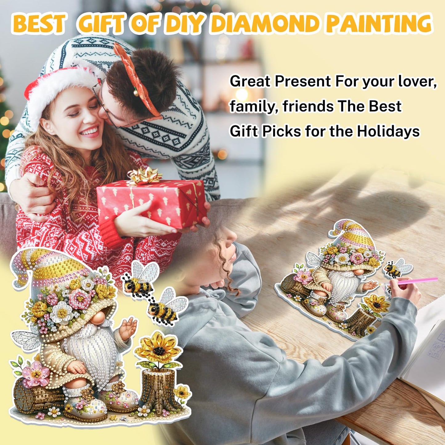 Bowetile Gnome Diamond Art Hanging Kits for Adults, 5D Special Shape Bee Diamond Painting Flowers Pendant Kits, Gem Art Suncatchers Painting Window Ornament for Home Garden Wall Decor