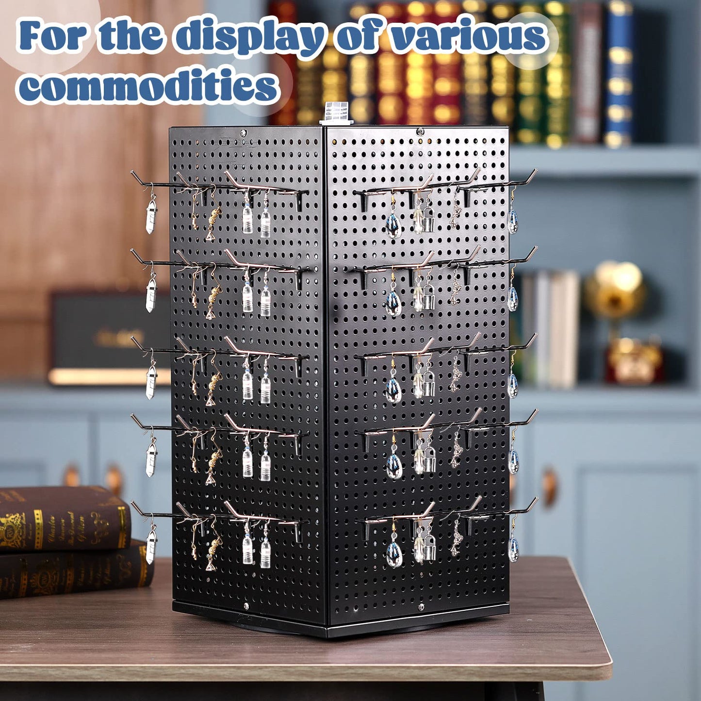 Geelin Metal Pegboard Display with Pegboard Hooks, 9.8 x 9.8 x 20.5 In Rotating Display Stand Display Racks for Craft Shows Pegboard Organizer with Peg Hooks for Jewelry Organizing Retail (Black)