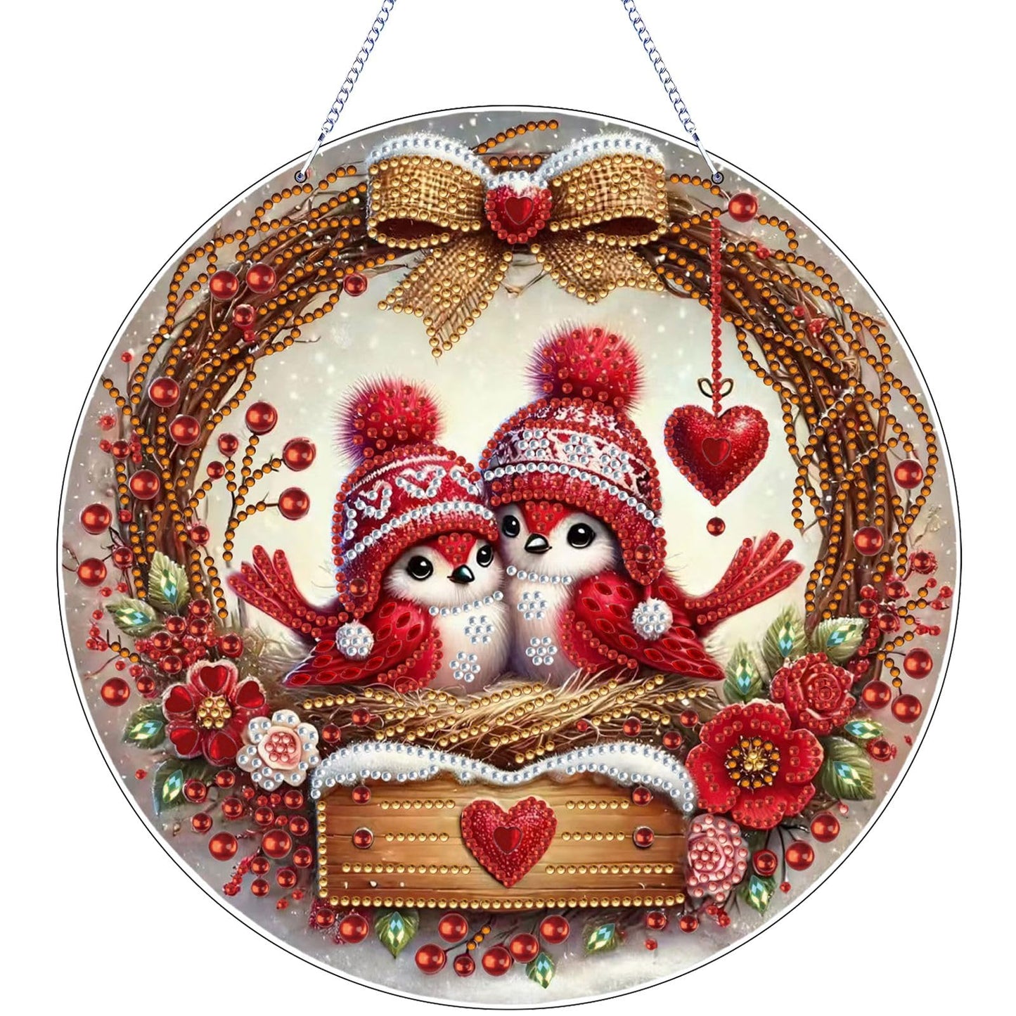 VODAPYC Valentine's Day Diamond Art Hanging Kit for Adults, DIY Double Sided Special Shaped Diamonds Art Window Pendant Ornament for Home Decor(Christmas Lovebird)