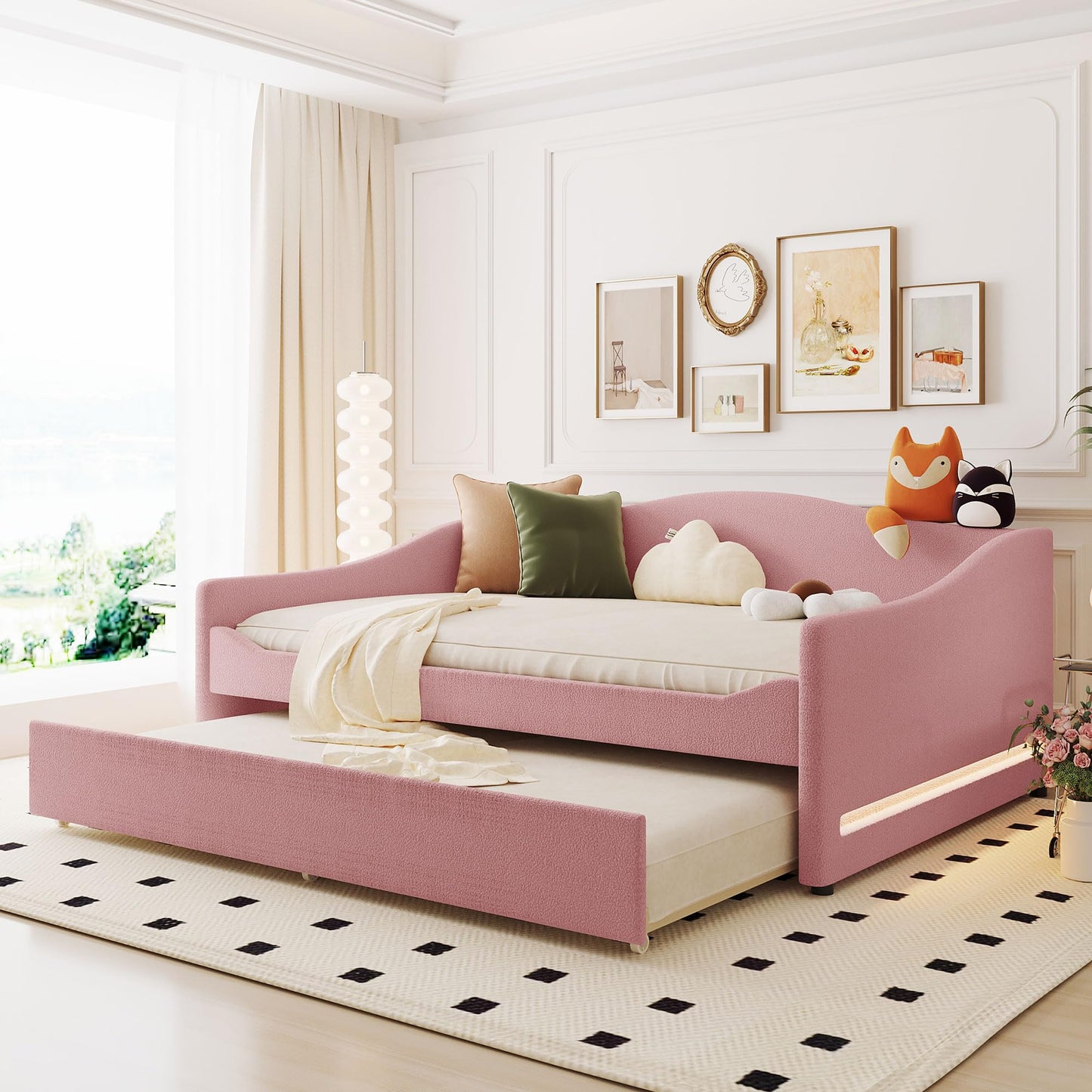 Jintop Teddy Fleece Full Size Upholstered Daybed with LED Light and Trundle,Modern Wood Platform Bed W/Side Stripes,Easy Assembly,for Bedroom,Living Room,Guestroom,Pink