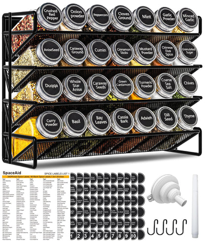 UVIAHOMI Magnetic Spice Rack Organizer for Refrigerator with 28 Spice Jars, 386 Spice Labels, 4 Hook, Chalk Marker and Funnel Set, Magnetic Shelf for Seasoning Organizer, 13.2'' W x 9.8 H, Black