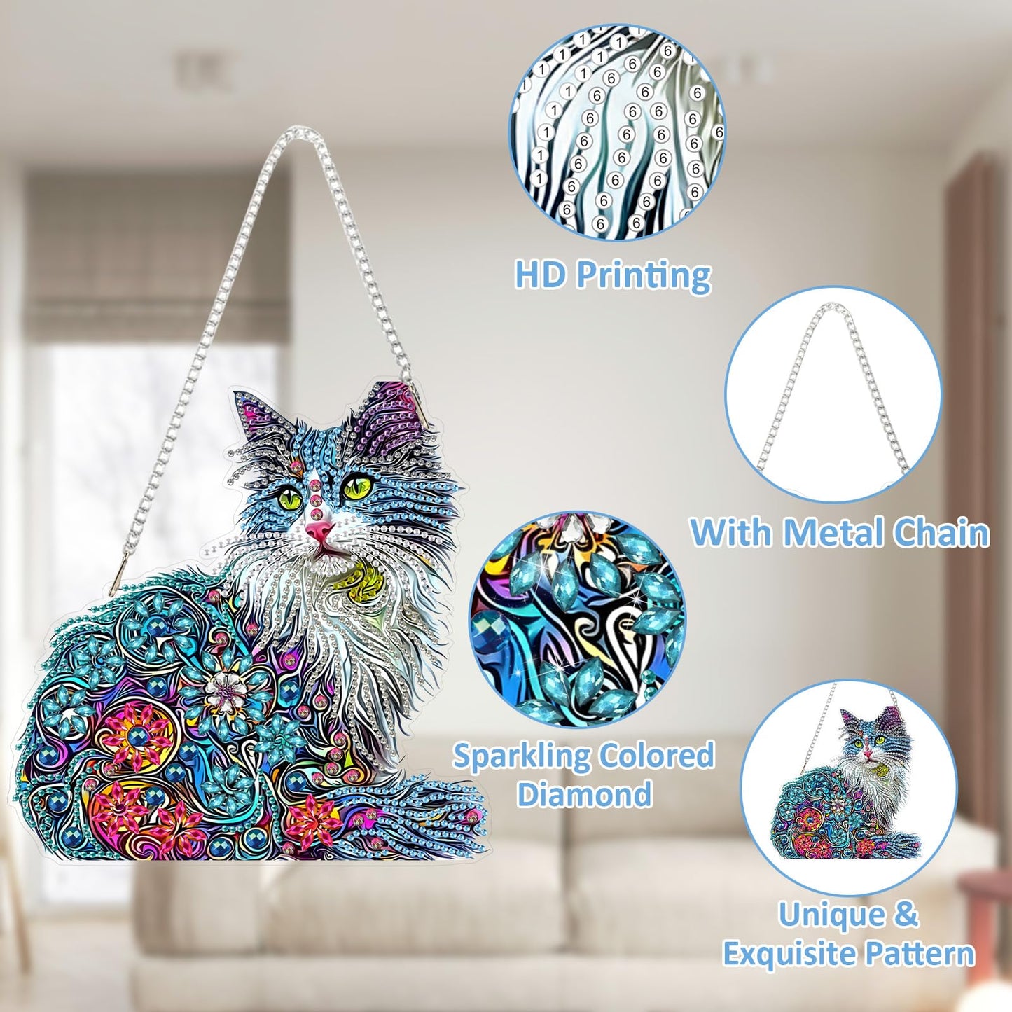 SENQAO Cat Hanging Diamond Art Painting Kits for Adults Beginners, 5D Special Shape Diamond Art Kits, Cat Crystal Rhinestones Diamond Gem Art Painting for Home Garden Wall Decor