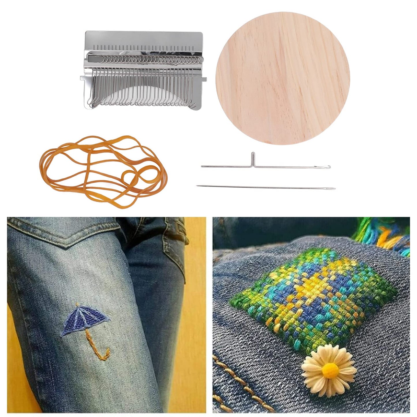 28 Pins Darning Loom, Small Weaving Loom Weaving Repair Tool Wooden Weaving Frame for Jeans Socks and Clothes