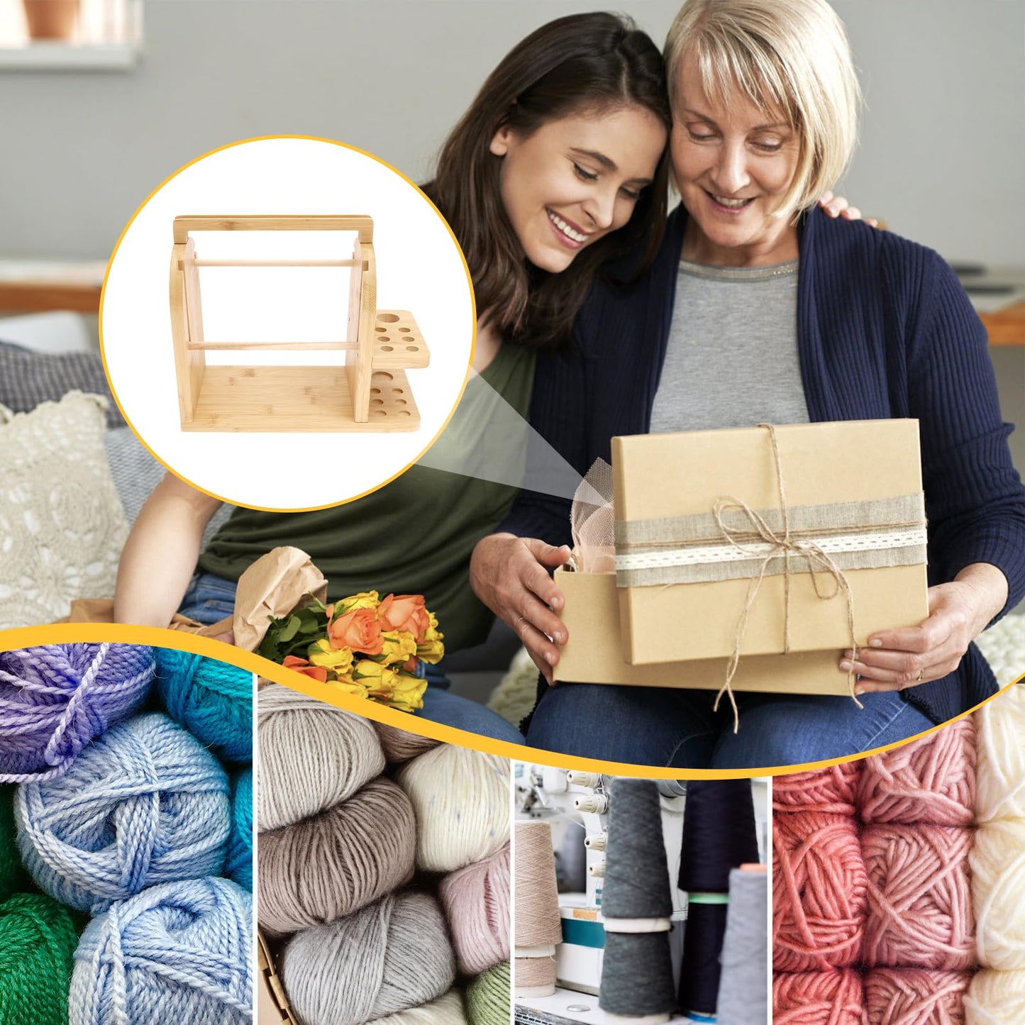Yarn Holder for Crocheting and Knitting, Bamboo Wooden Yarn Spinner Storage Organizer with Built-in Phone Stand, Tangle-Free Dual Rods and Crocheting Tool Holder, Works with Skein,Cake,Ball