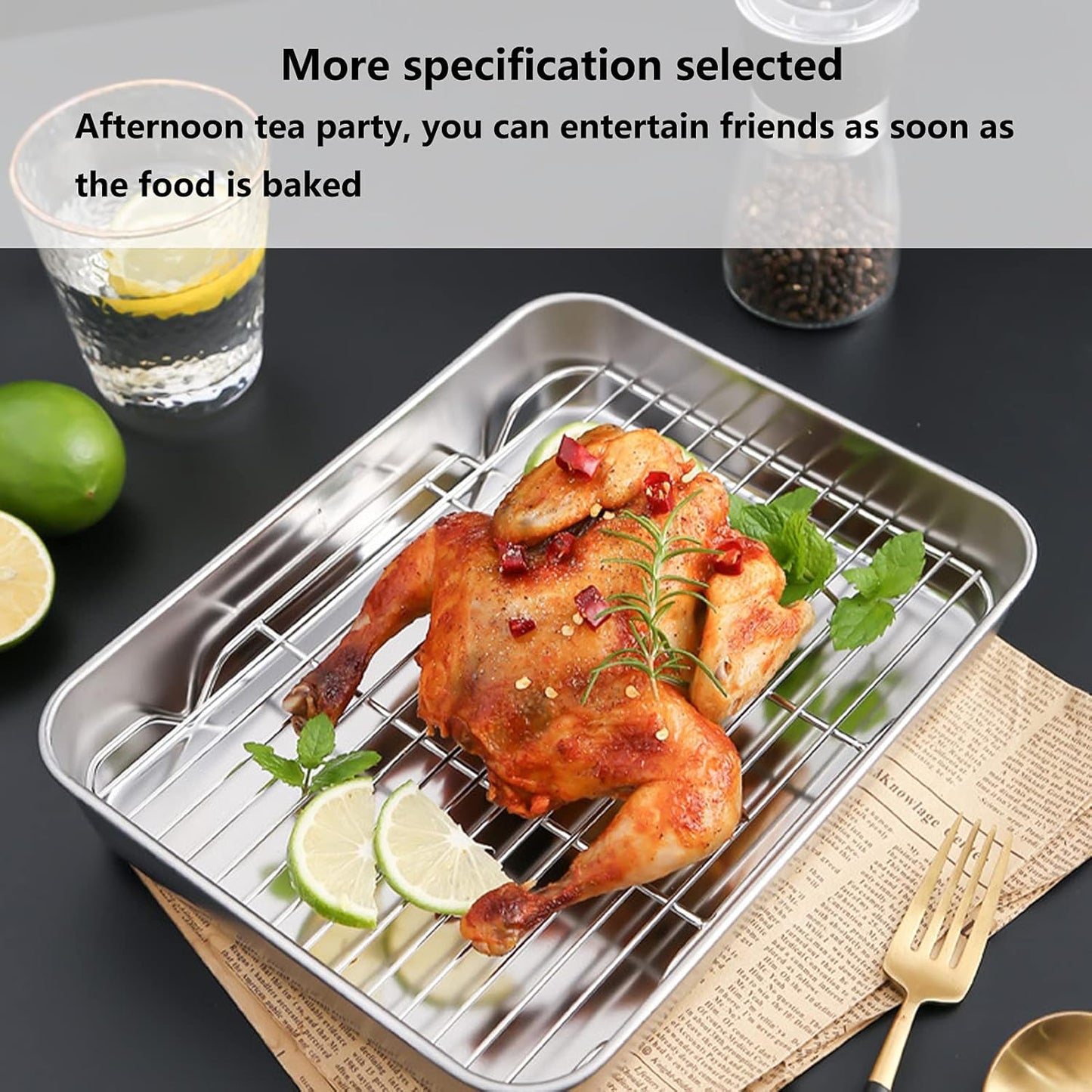 Stainless Steel Roasting Pan with Rack, Non Stick Surface, 5cm Deep Edges for Cooking and Baking (23.5 * 17.5 * 5CM)
