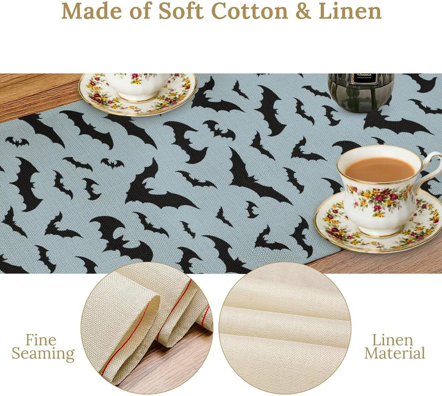 Nitmbi 13x36inch Halloween Table Runner,Silhouette Black Bats Pattern Retro Table Runner for Coffee Table Dining Room