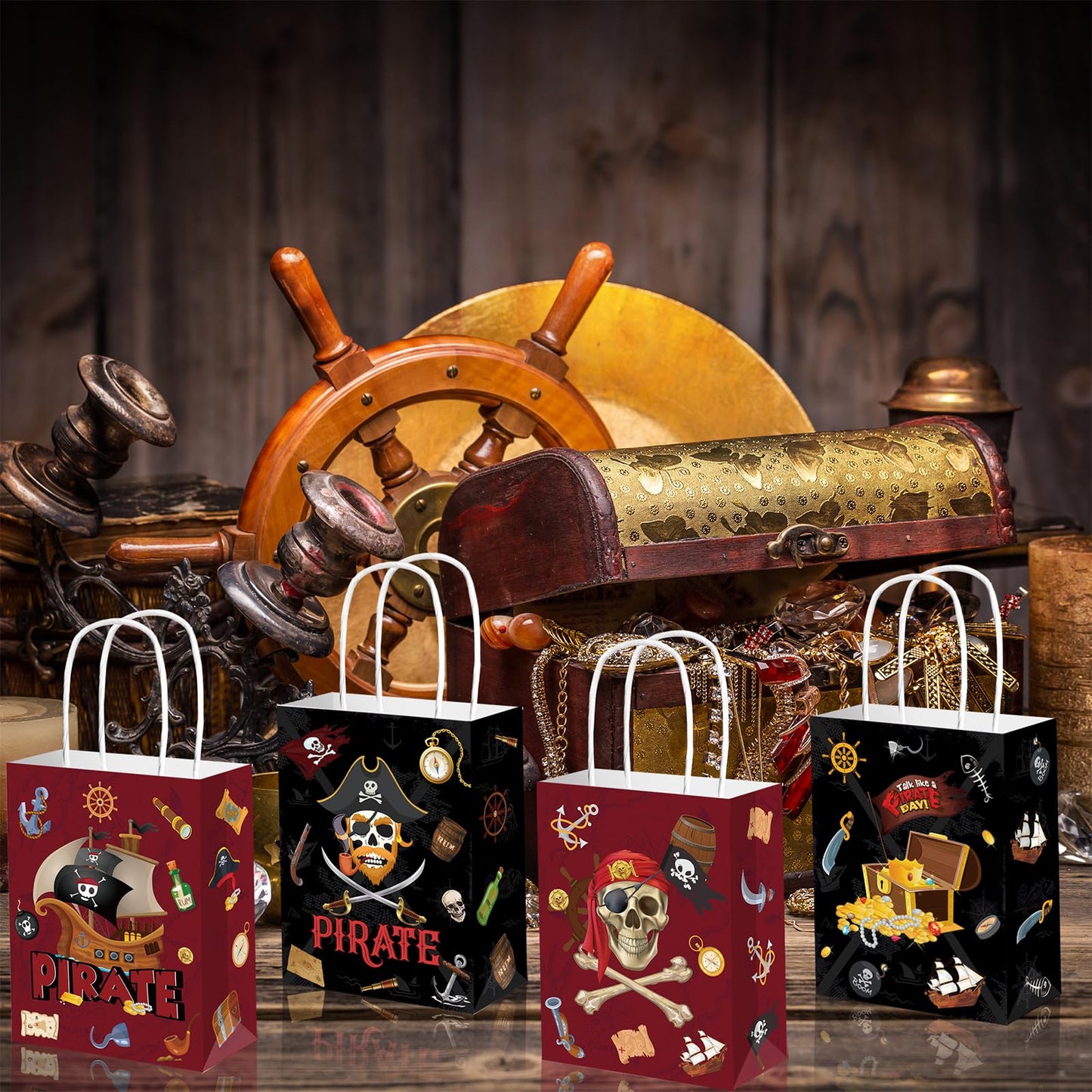 Qpout 16 Pack Pirate Gift Bags, Party Favor Bag Small, Goodie Treat Candy Bags, Pirates Booty Snack Bag, Boys Birthday Baby Shower Halloween Goody Bag