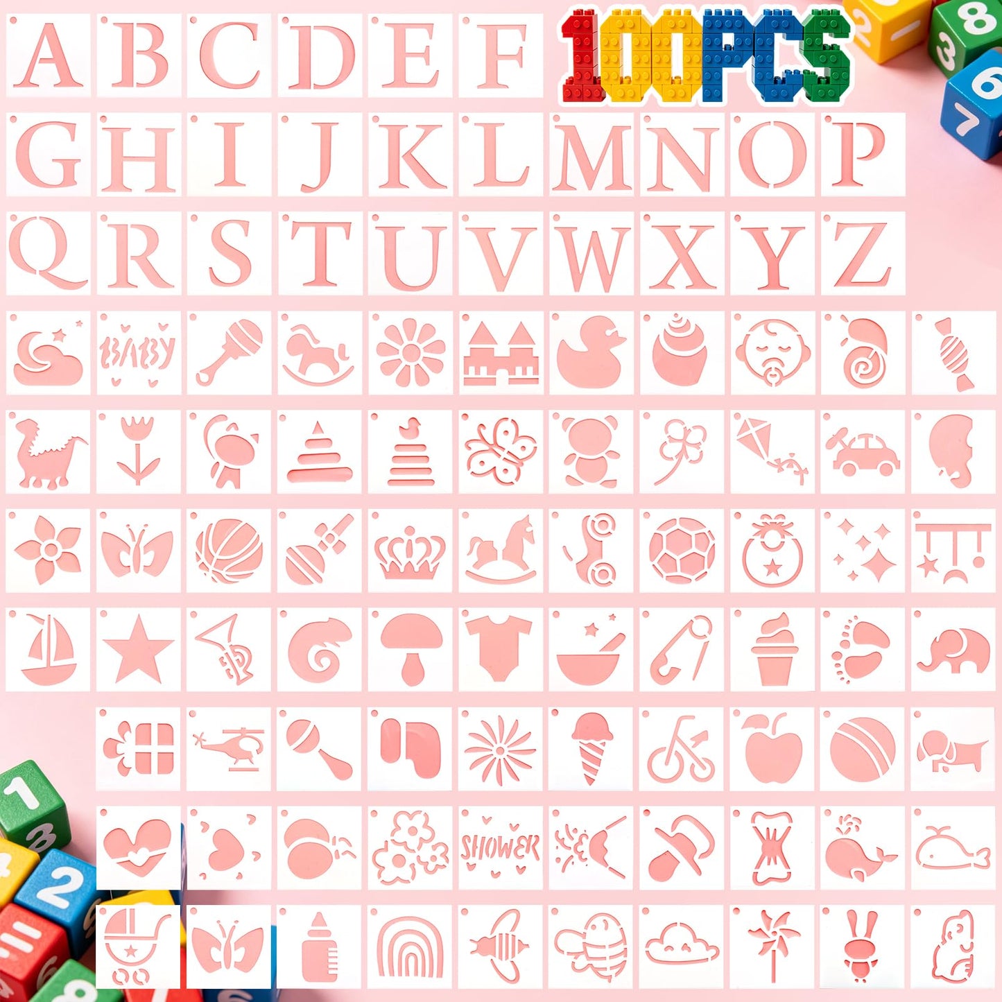 Estedro 100Pcs Small Stencils for Crafts 1.5 Inch Reusable Cute Stencils for Painting Wall Stencil for Drawing Art Plastic Drawing Templates on Wood Canvas Fabric Home Decor (Letter Baby Shower)
