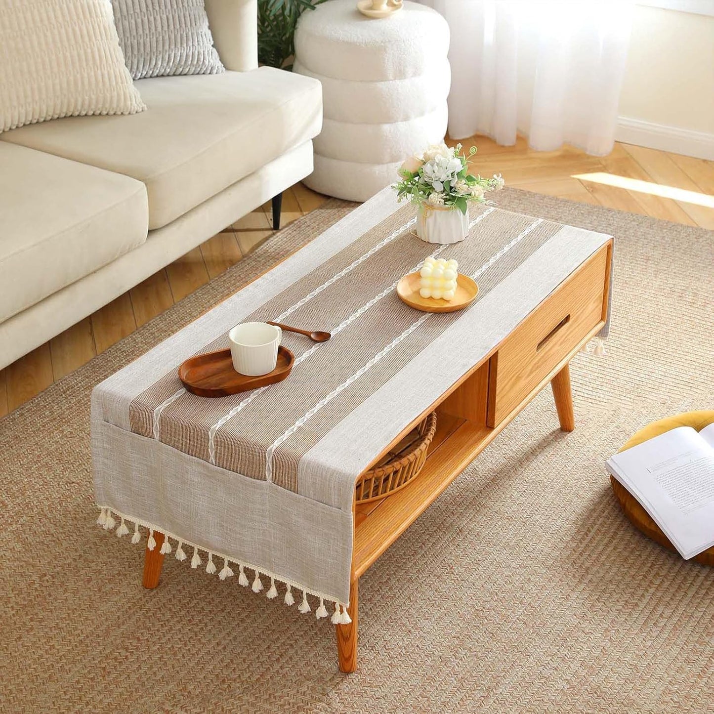 20x60 Inch SIELUNO Coffee Table Cover, Rustic Farmhouse Rectangle Table Cloth Cotton Linen Waterproof with Pockets