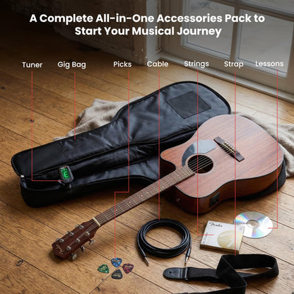 Fender CD-60SCE Solid Top Dreadnought Acoustic-Electric Guitar - All Mahogany Bundle with Gig Bag, Instrument Cable, Tuner, Strap, Strings, Picks, Polishing Cloth and Austin Bazaar Instructional DVD