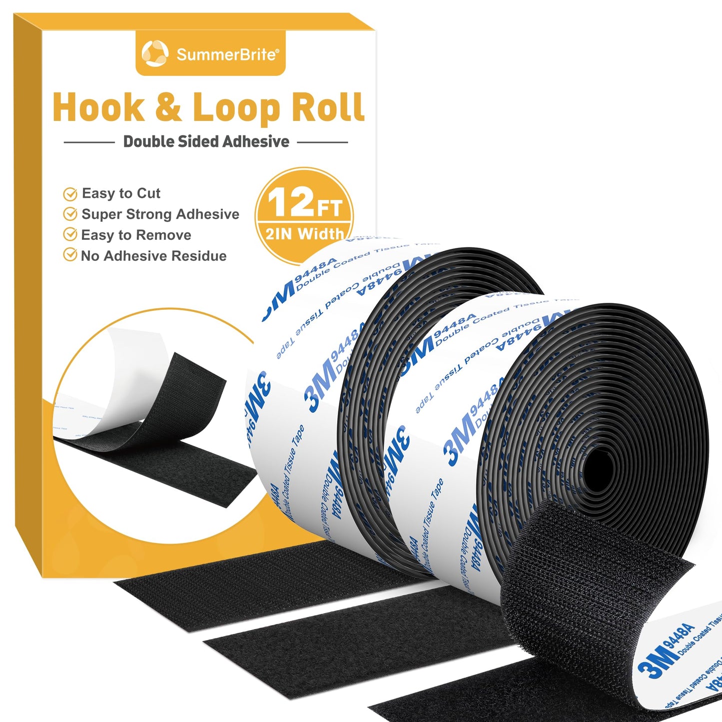 12Ft x 2 Inch Hook and Loop Tape, Heavy Duty Double-Sided Adhesive Strips, Strong Sticky Back Fastener Roll, Cuttable Interlocking Tape Fasteners for Home, Office, Car, School & DIY Crafts Black