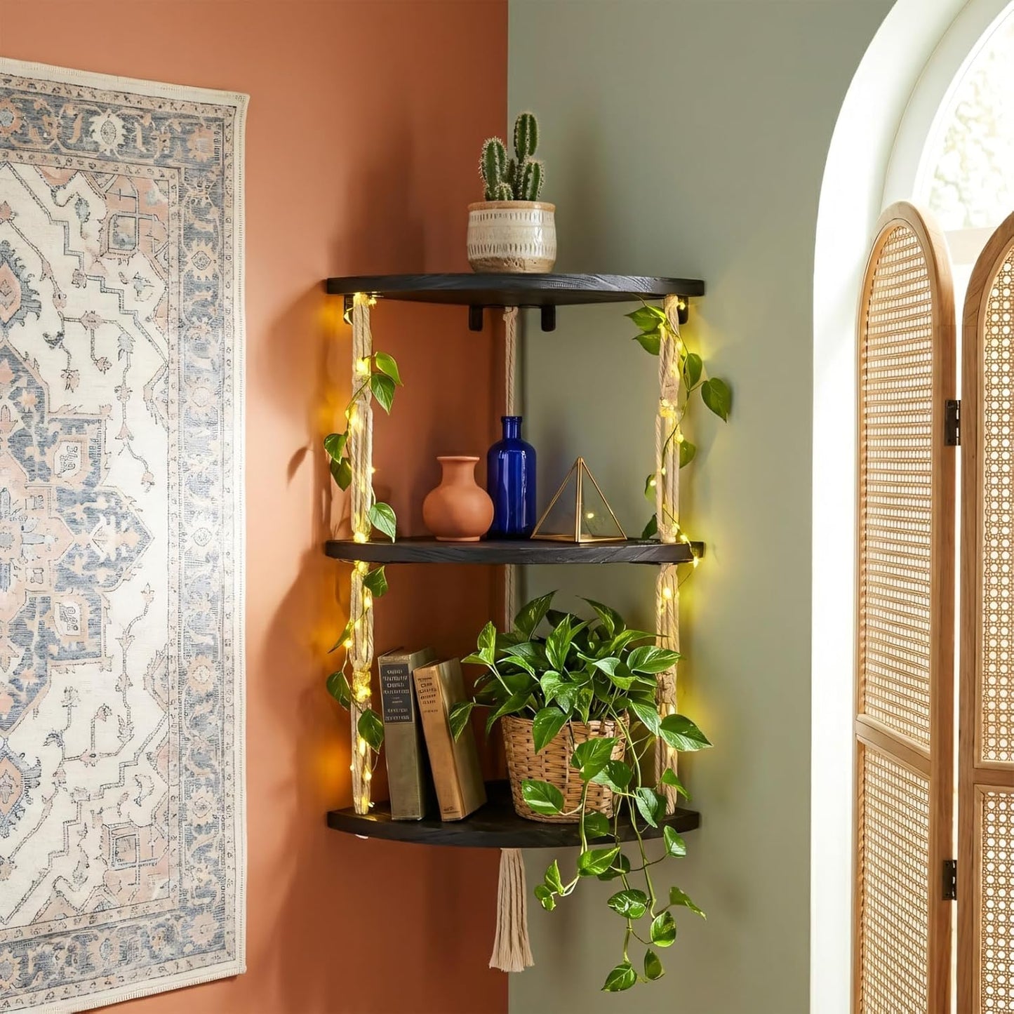 3-Tier REFGY Corner Floating Shelves with Aesthetic Greenery & Fairy Lights - Premium Wood-Textured Boho Wall Hanging