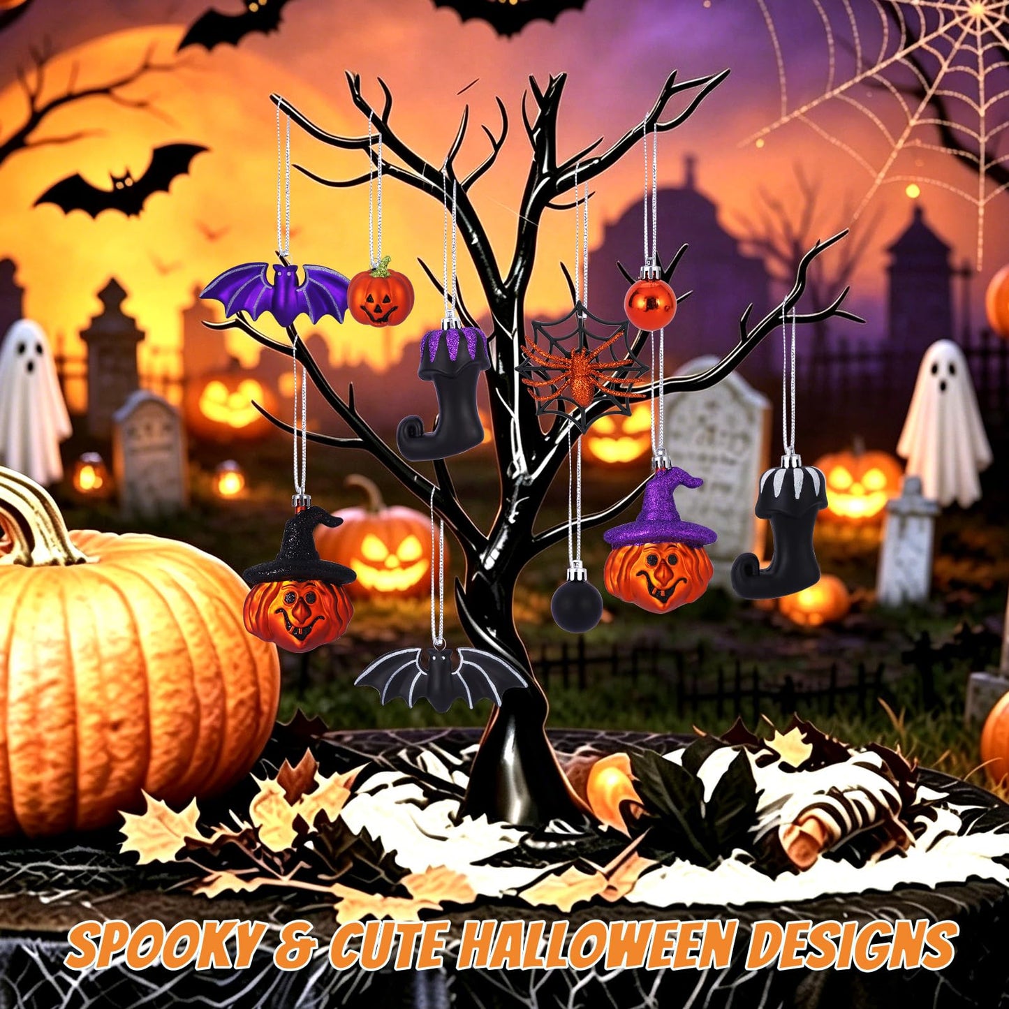 56pcs Halloween Hanging Ornaments for Tree Decorations, Shatterproof Plastic Hanging Halloween Ball Pendants with Pumpkin, Witches Hat Signs, Halloween Tree Decor Party, Holiday, Home (Multi New)