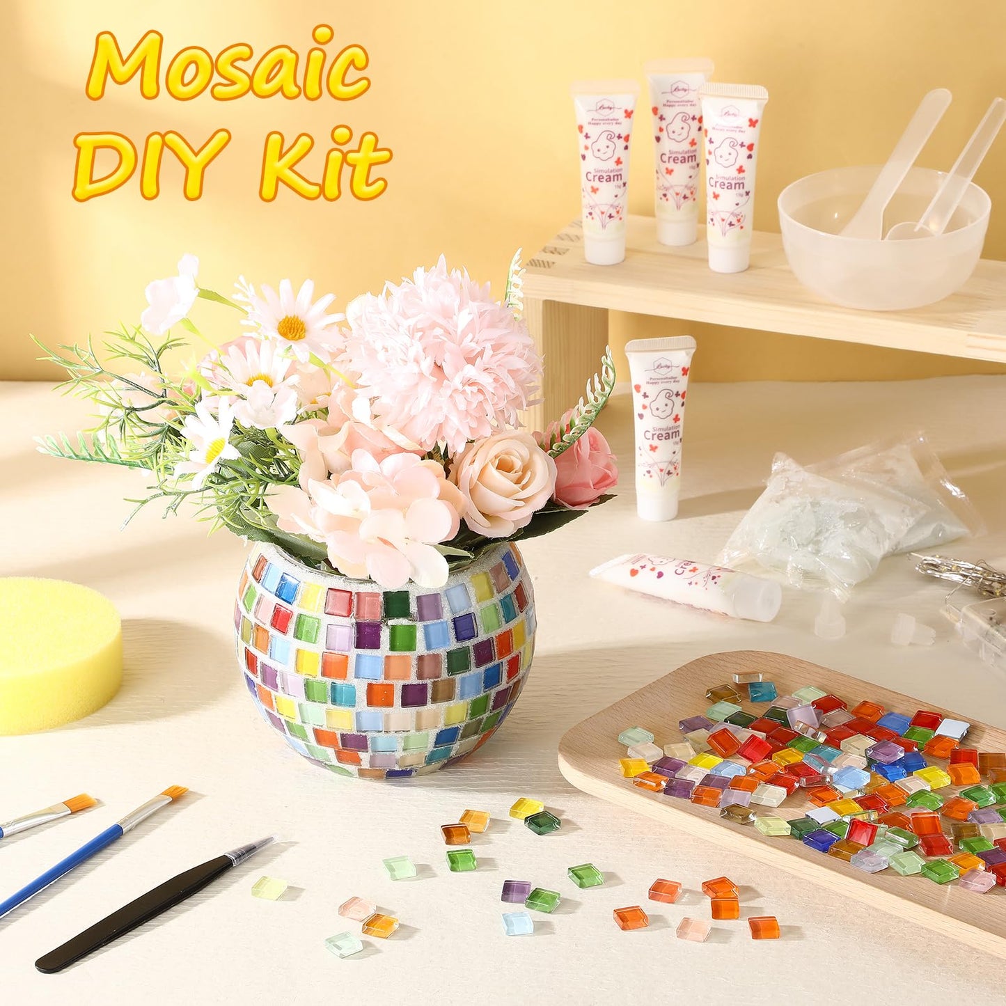 Remerry 2 Set Glass Mosaic Candle Holder Kit with Lights DIY Mosaic Arts and Crafts Gifts Decorative Handmade Flower Glass Vase Tealight Holder for Adults Home Lighting Decor