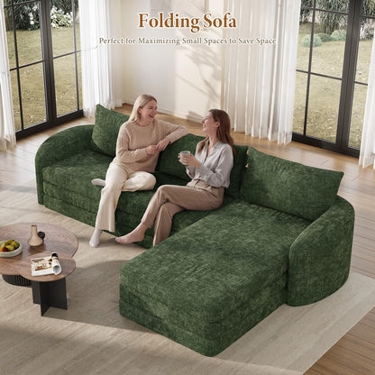Vesgantti 110.2" Boneless Sectional Couch with Curved Armrest, 6 in 1 Convertible Folding Sleeper Sofa Bed, Chenille Modular Sofa for Living Room, No Assembly Required, Green, Right Facing Chaise