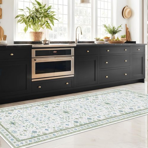 Hazo Haus Washable Oushak Bathroom Runner Rug - Vintage Turkish Floral Design | 2x8 ft Low Pile, Non-Slip, Cream Blue Green