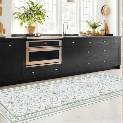 Hazo Haus Washable Oushak Bathroom Runner Rug - Vintage Turkish Floral Design | 2x8 ft Low Pile Non-Slip in Cream, Blue, and Green