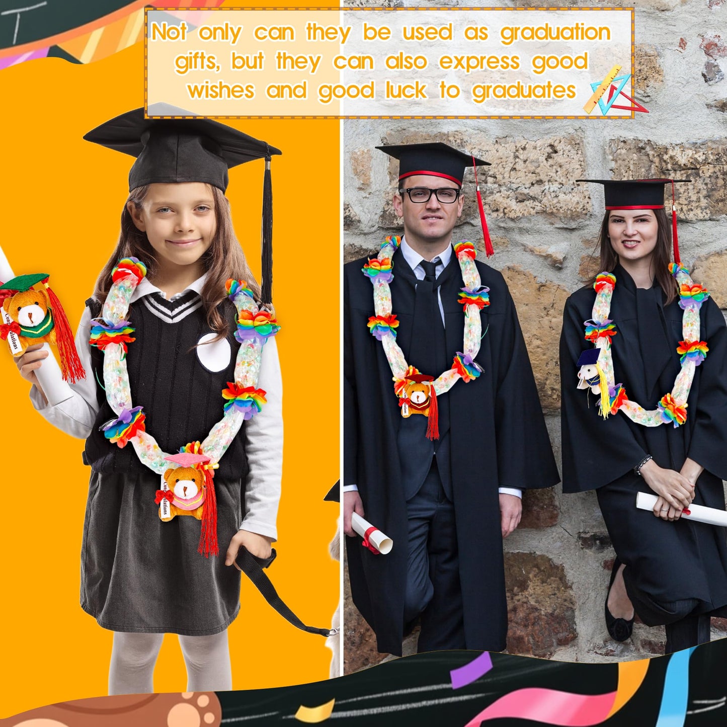 Mikasee 180 Pcs Graduation Candy Lei Making Kit 10 Mini Graduation Bear Bulk 10 Pcs Mesh Bag 150 Pcs Flower Pieces with 10 Rolls Gift Ribbon Wrapping DIY for School Graduation Wreaths