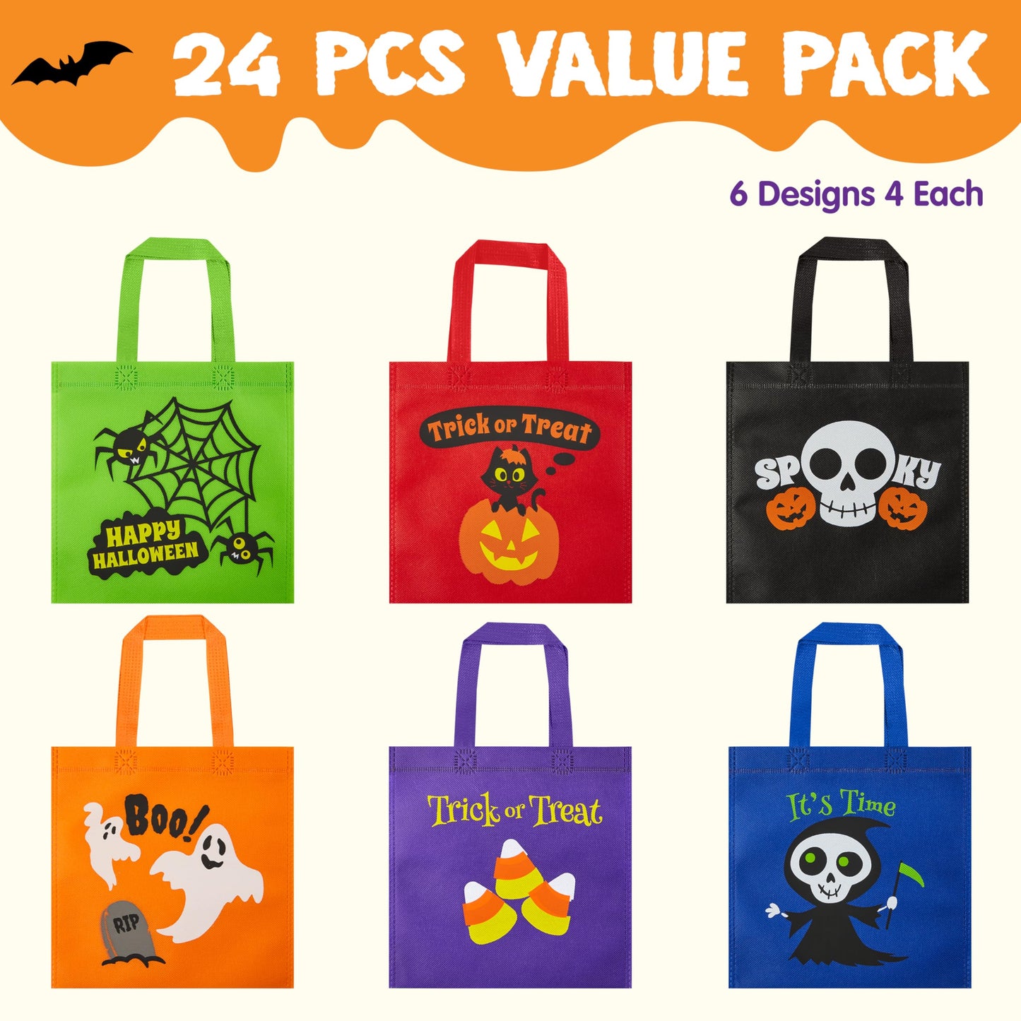 JOYIN 24PCS Halloween Non-Woven Treat Bags, 8.6" Goodie Totes Bags with Handles, Halloween Candy Bag for Kids Trick or Treating, 6 Cute Designs Gifts Goody Bag Bulk for Classroom Party Favor Supplies