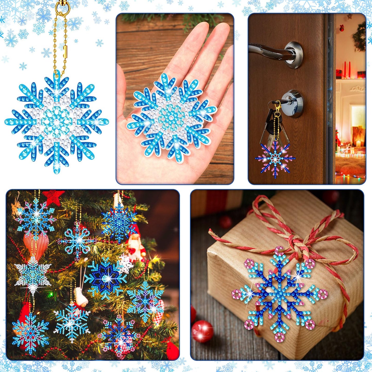 BBTO 15 Pieces Winter Diamond Painting Keychain Snowflake Diamond Painting Ornaments 5D DIY Diamond Painting Keychain Christmas Diamond Art Ornaments for Kids Christmas DIY Crafts Family Decor