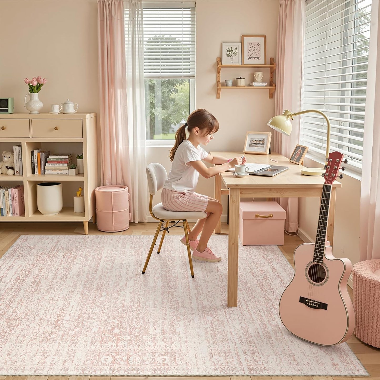 5x7 5'x7') Soalmost Pink Area Rugs for Baby Girl Nursery, Washable Rugs Vintage Floral Non-Slip Low Pile Soft Throw