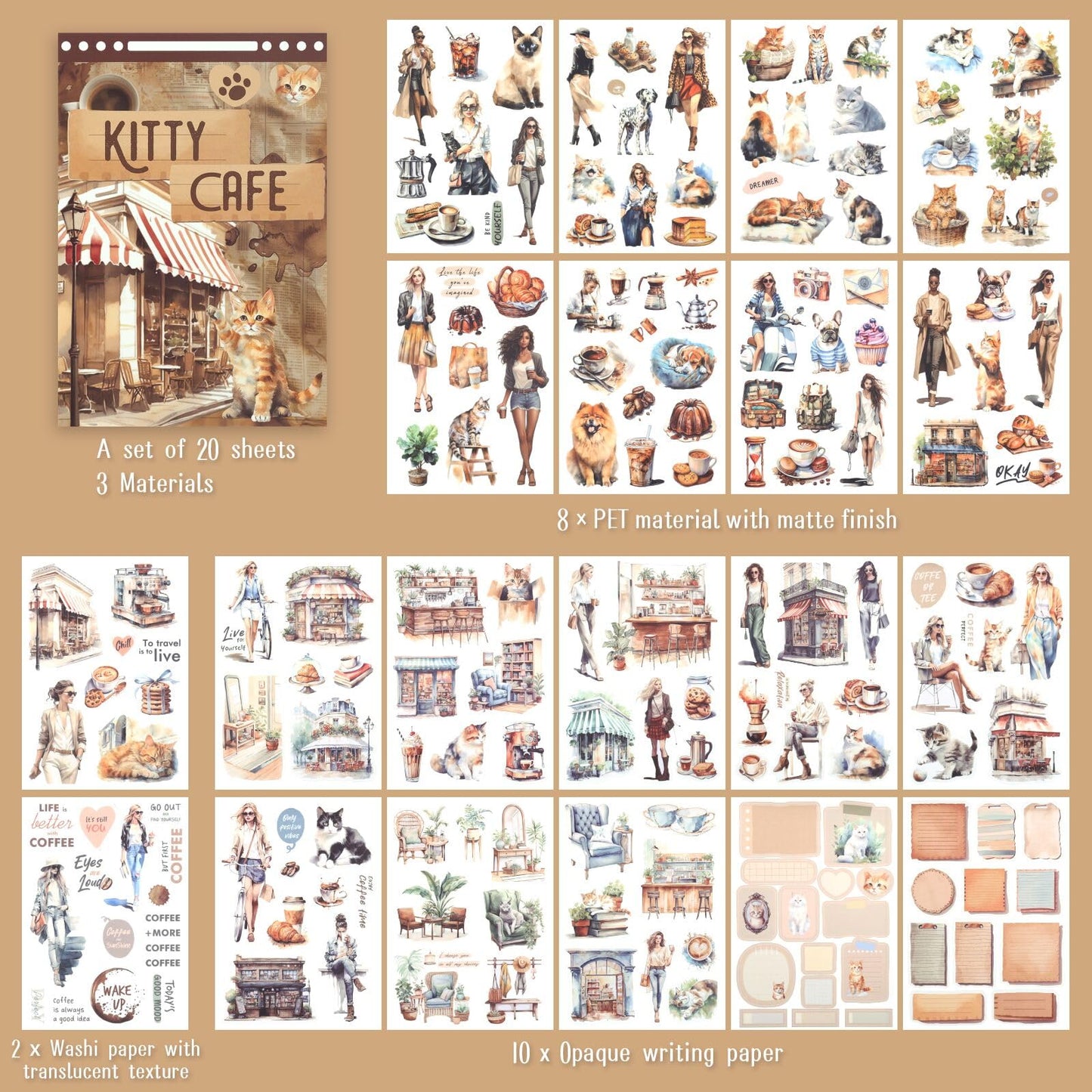 Dizdkizd Coffee and Pet Journaling Stickers for Women, 184 Die Cuts PET and Paper Scrapbook Sticker Kit, Cute Cats and Girl Sticker for Bullet Journals, Planners, Collage