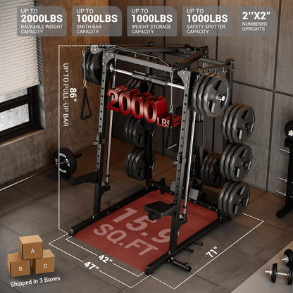 Garvee 2000LBS Smith Machine Home Gym, Multi-Function Power Cage Squat Rack with Cable Crossover & LAT Pulldown, Strength Training Equipment with 8 Weight Storage Pins and More (Plates Not Included)