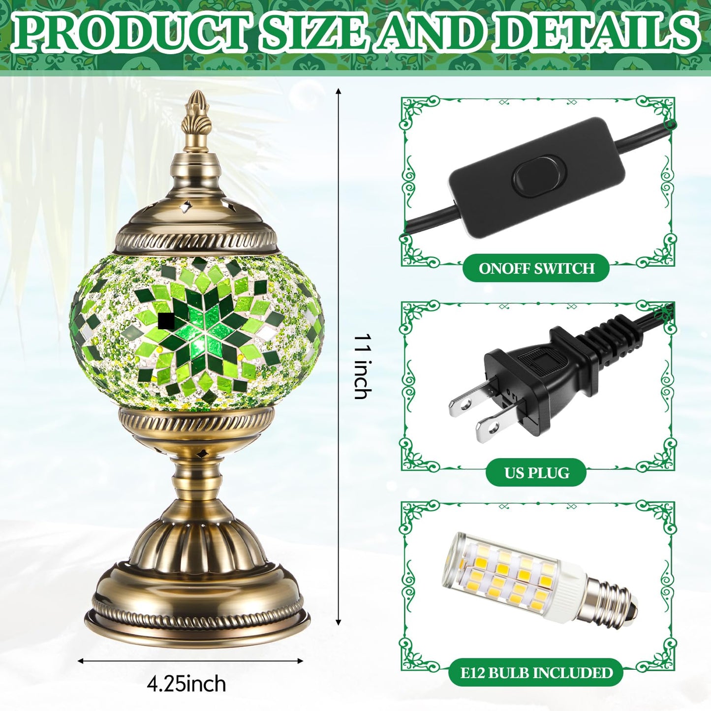 Baquler Turkish Mosaic Lamp Kit DIY Stained Glass Decorative Table Bedside Night Light Tabletop Bohemian Morrocan Lamp Crfat Kit for Living Room Decorations, Make Your Own (Green)